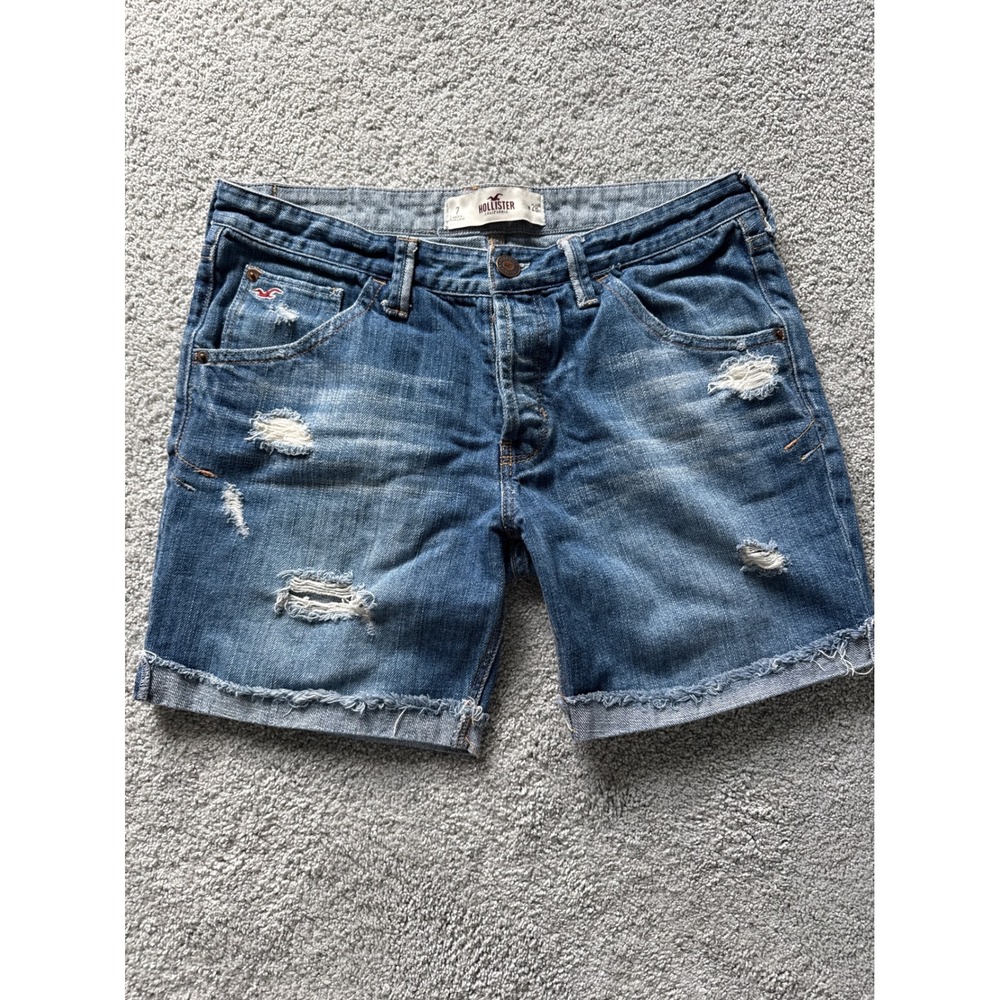 Hollister Distressed Denim Shorts Womens 7 W28 Medium Wash Button Fly Raw Hem